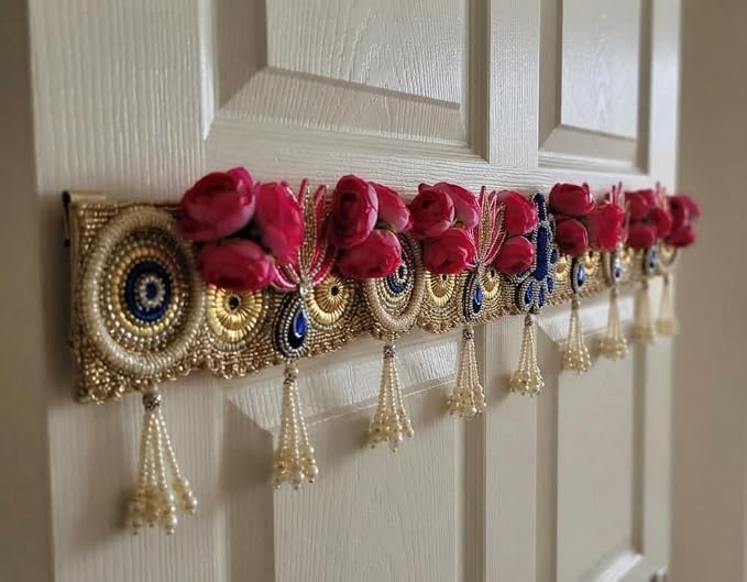 Handcrafted Peacock Figure, Pink Lotus Patch, peony Flower, Toran Door Hanging 39 Inch | Traditional Indian Bandhanwar for Home Entrance, Pooja Room, Diwali, Wedding & Festive Decoration