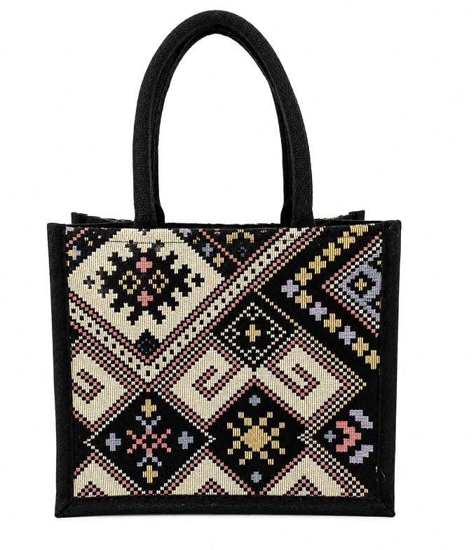 Luch Bag, Multicoloured with Zipper, Food Containers, Snacks & Beverages | Cross-Stitch Embroidered Tote Bag, Black Geometric Pattern