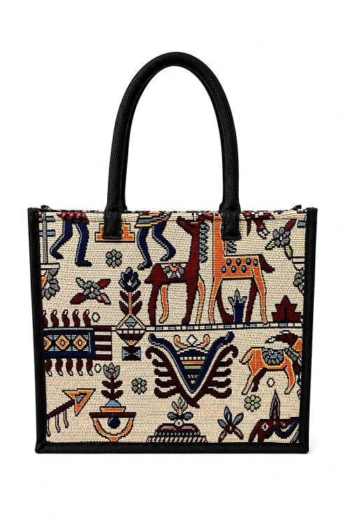 Tapestry Tote Bag with Folk Art Animal Print, Multicolour