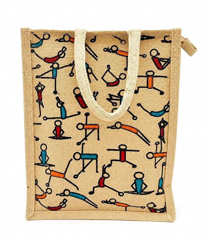 Yoga Printed Jute Bag, Grocery Shopping Bag, Multi-Purpose Bag, Jute Lunch Bag | Sturdy Handle with Zipper Lock