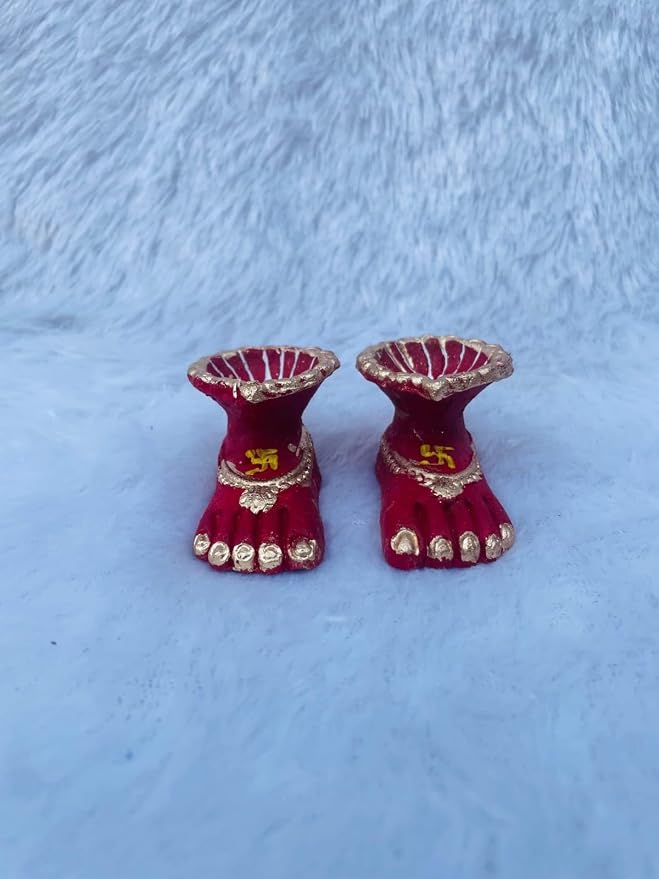 Laxmi Charan Diya Paduka, Decorative Lakshmi Feet Deepak for Pooja, Mandir & Diwali Decoration (Red & Golden)