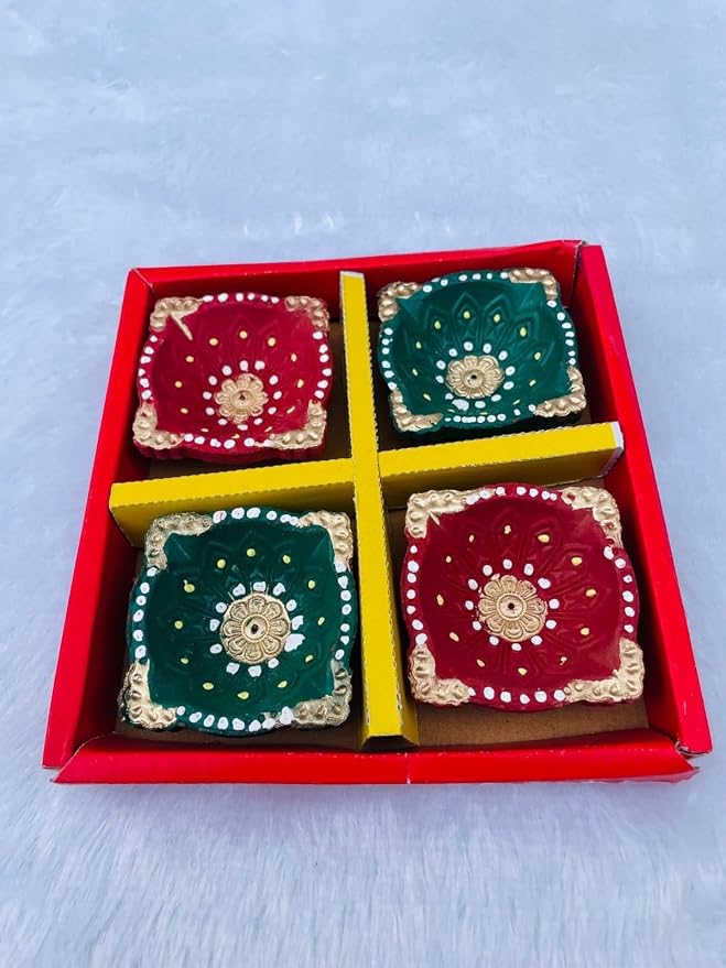 Handpainted Clay Diya Set of 4, Square Shape, Red and Green