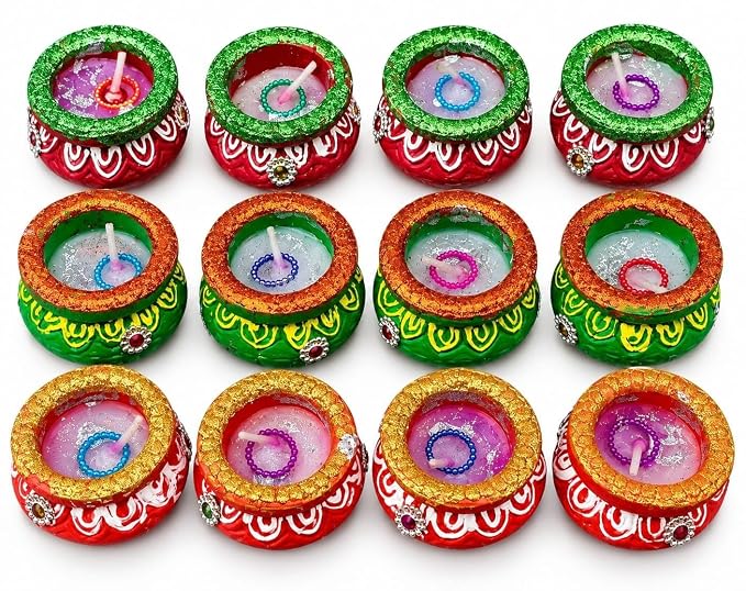 Handmade Colourful Flower Printed Wax Clay Mitti Matki Diya for Home Decor Office Pooja Room Mandir Temple Table Dipawali Decor Items Diwali Decoration