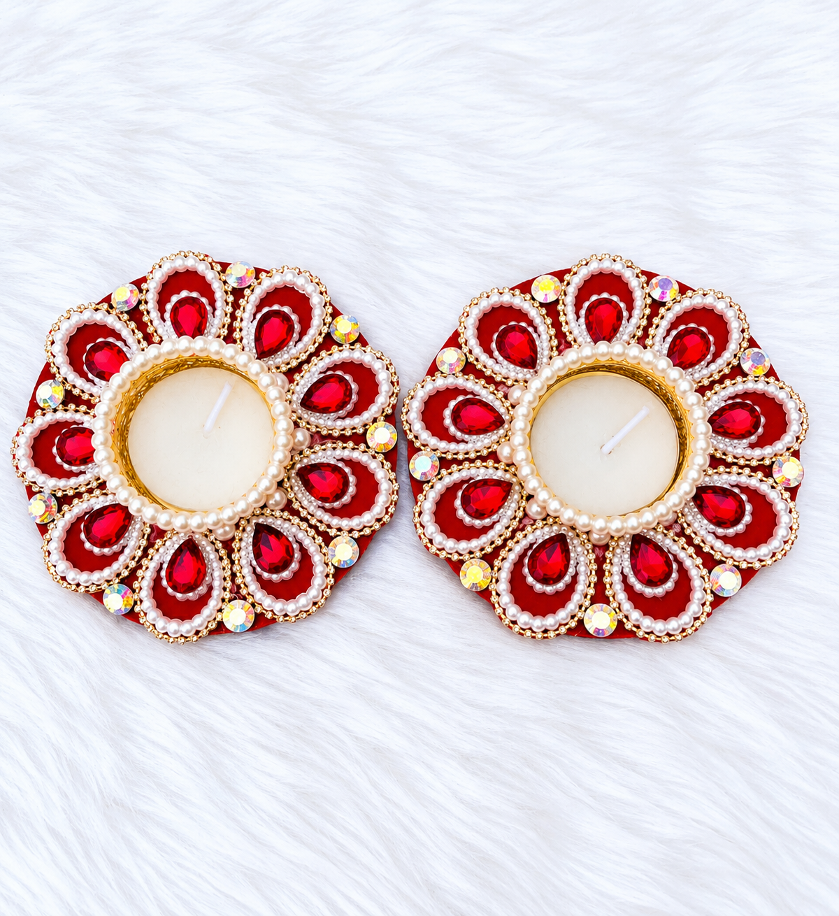 Handmade Decorative T-Light (Diya) Candle Holder Set of 2 for Diwali Decoration, Pearl & Stone Work Votive Holder for Home Decor, Festival, Pooja & Gifting (Wax Candle Included) (Red, Green)
