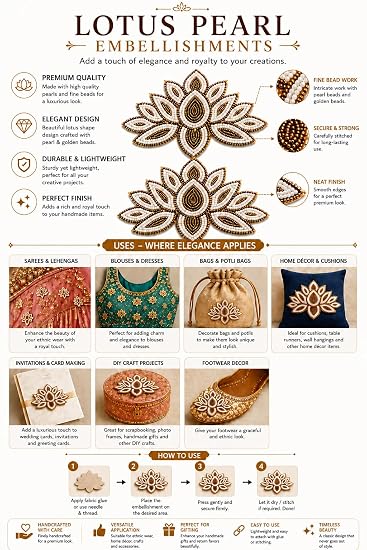 Handcrafted Beaded Lotus Flower Applique Patch, Gold and White, Set of 2 (1 Pair)