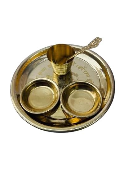 Brass Pooja Thali Set – 5-Piece Traditional Bhog Plate with Spoon, Glass & 2 Katoris | Ideal for Daily Puja, Temple Rituals, Home Mandir & Festive Worship