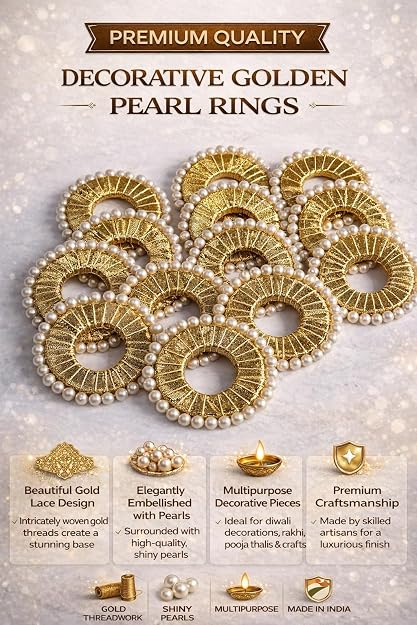 Decorated Golden Gota Moti Chudi Ring | Home Décor | Handmade Craft Ring | Thali Decoration & Festival Craft Work Decorative Craft Appliques (Pack Of 12)