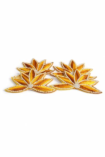 Handcrafted Lotus Embroidery Patch Pack of 4 for Diwali Festive DIY Art & Craft Work Yellow (Golden) / Size 11CM X 8CM X 0.5MM /