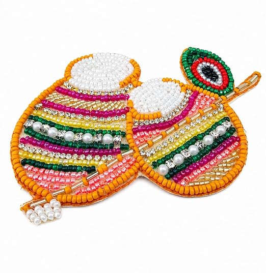Handcrafted Orange Colour Makhan Matki Patch, Rhinestone and Pearl Embellishments, Festive Theme, Multicolour (1 Pair)