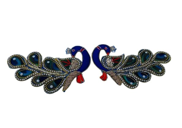 Embroidered Peacock Applique Patch, Multicolour, Real Feathers with Rhinestone Embellishments, Indian Traditional Style (Set of 2,1 Pair)