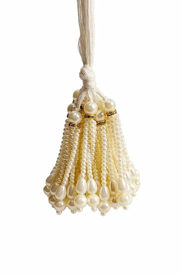 White Beads & Pearls Set of 10 Handmade Ethnic Silk Lehenga, Blouse Hanging Pearl Tassel and Latkan for Women (Gold)