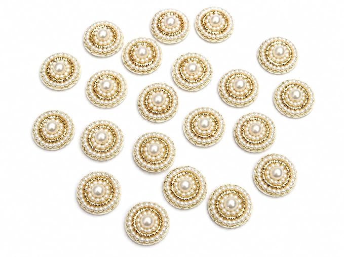 Pearl zardosi Moti Beaded Round Applique Patches, Ivory and Gold, Embellishment for Crafts, Set of 20