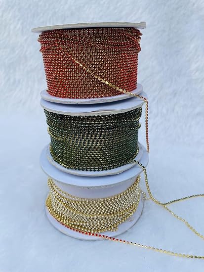 Rhinestone cup chain red , green & Golden colour crystal brass catcher chain 2 mm size for jwellery making , maggam work , aari embroidery, lehnga, saree , poshak making ,blouse 5 Meter each colour